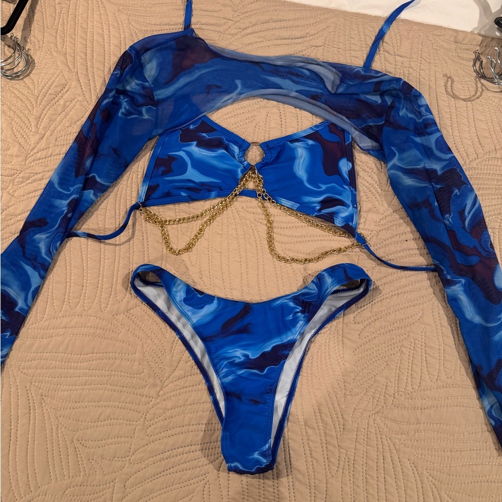 Blue Marble Print Bikini Set with Sheer Long Sleeve Cover